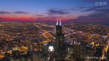 芝加哥市中心的空中伊利诺伊州夜间.
